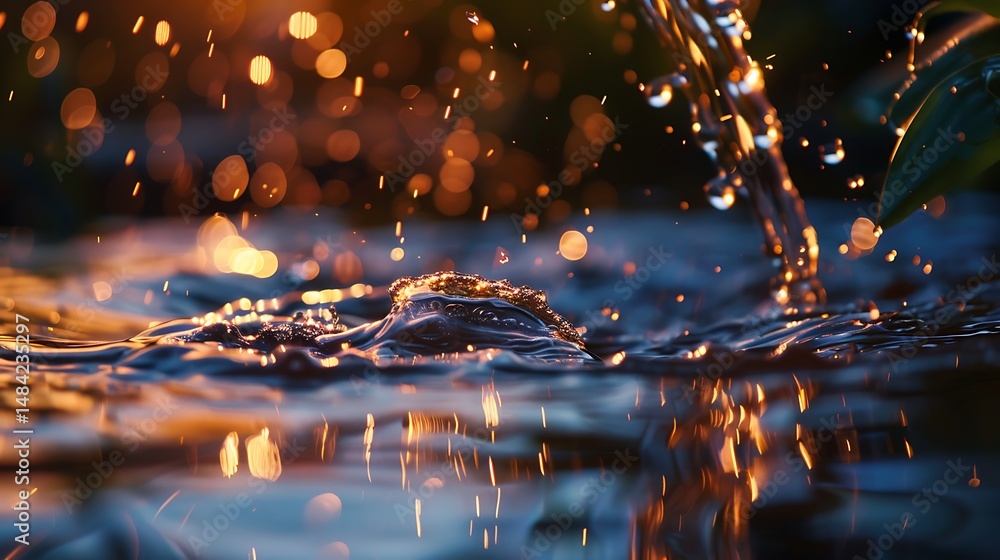 Poster flowing water with sparkling droplets in close up showing light reflection