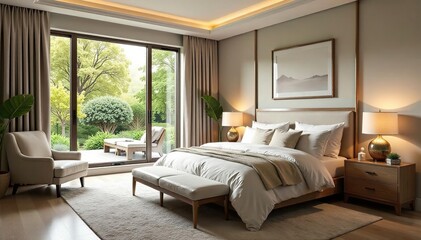 Serene master bedroom with large window, plush bedding, and elegant decor , luxury, natural light, bed