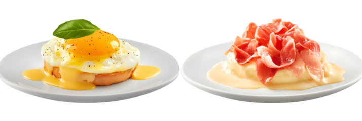 Elegant servings of eggs benedict variations on pristine white plates