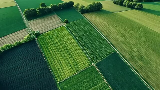 Aerial view of vibrant farmland showcasing diverse green crops and neatly organized fields