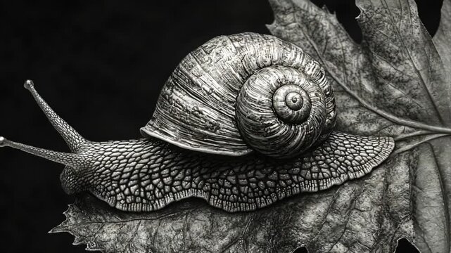 Monochromatic detailed close up of a snail resting on a leaf showcasing intricate shell patterns and textures