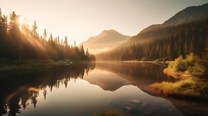 Sunrise over lake and mountains.