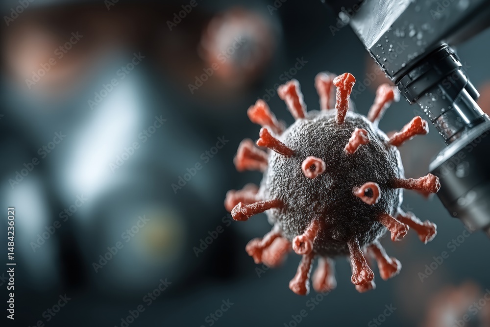 Poster close-up of a virus particle with a person in protective gear and mask in the blurred background.