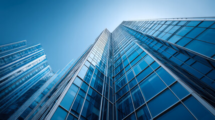 Modern glass skyscraper building with reflective towe into a clear blue sky in a urban cityscape emphasizing architecture and urban development
