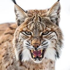 Ferocious bobcat close-up with bared teeth and intense stare