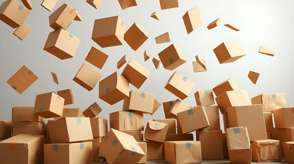 Cardboard boxes falling in a balanced arrangement
