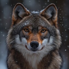 Fototapeta premium Wolf Portrait with Snowflakes Falling on Fur Closeup 