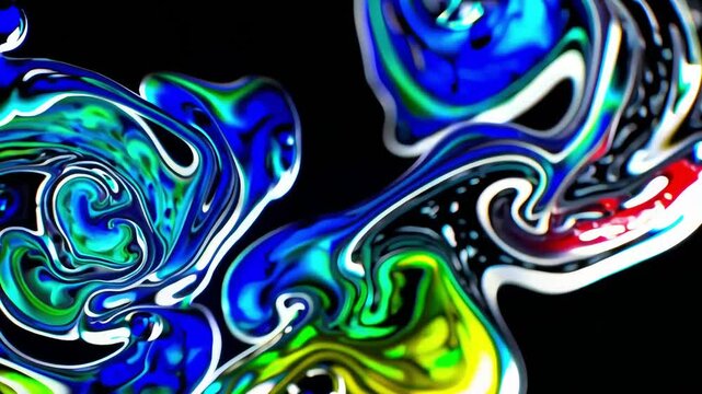 Abstract fluid paint swirling in vibrant blue, green, and yellow tones. Ideal for art, creativity, or backgrounds.