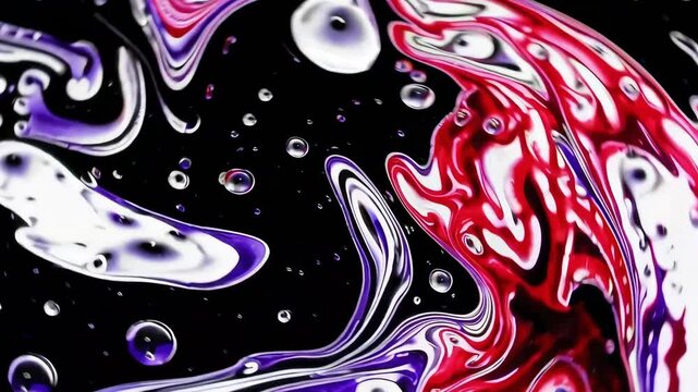Red and black swirling paint with bubbles creating hypnotic abstract visuals. Ideal for backgrounds or artistic transitions.