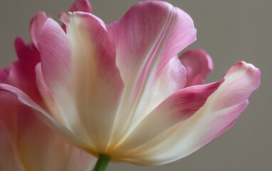 Pink and Cream Two-Tone Tulip Bloom with Subtle Curves and Elegant Detail on Soft Focused Background