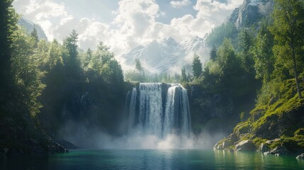 Fototapeta premium Majestic waterfall cascading into a serene alpine lake, surrounded by lush greenery and snow-capped mountains. Sunlight filters through the clouds, illuminating the tranquil scene