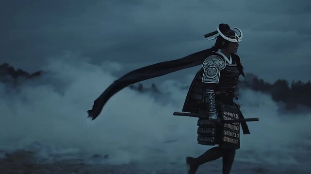 Epic shot of a samurai raising a flag in the wind, evoking strength and honor. Great for historical or motivational content.