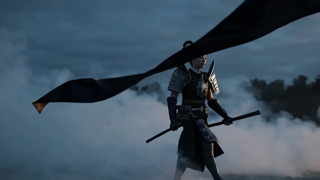 A samurai in dramatic slow motion with a flag in the wind. Ideal for historical, cinematic, or action visuals.