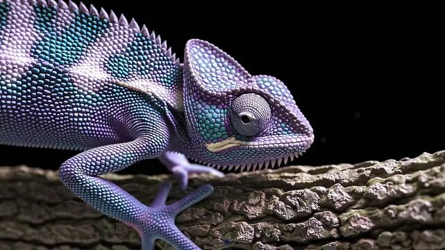 Chameleon crawling on textured bark in a dark environment. Great for wildlife, nature, or reptile-focused videos.