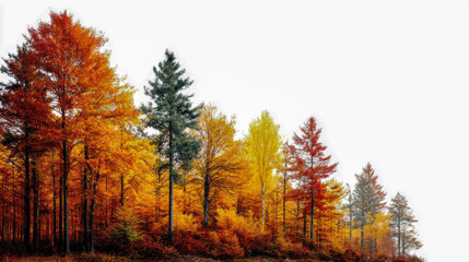 Vibrant autumn forest scene with colorful fall foliage on tall trees showcasing bright orange yellow red and green leaves in a serene natural landscape