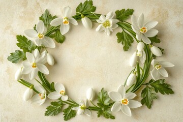 Delicate spring floral wreath arrangement on light beige surface.