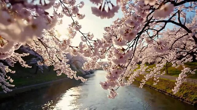 Peaceful cherry blossom trees in full bloom by the riverside. Perfect for spring, nature, or Japanese-themed visuals.