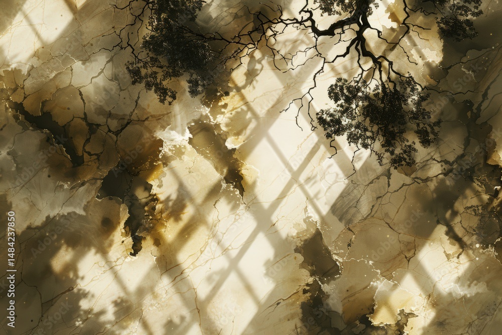 Poster tree branches and window shadows create intricate patterns on a cracked, textured wall in warm, natu