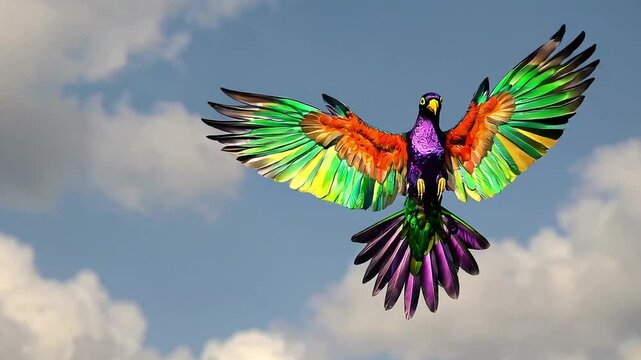 A parrot spreads its colorful wings mid-air, framed by blue skies. Great for exotic, travel, or wildlife content.
