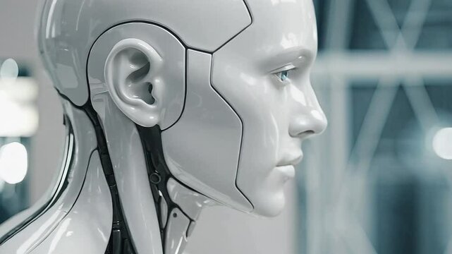 Futuristic humanoid robot with a sleek white design and blue eyes. Suitable for AI, technology, or sci-fi themes.