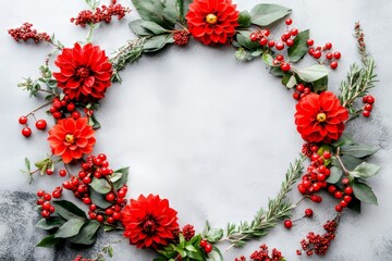 Circular floral wreath arrangement on a light gray background.
