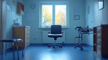 Empty doctor's office waiting room, autumn view