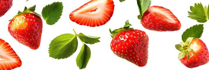 Floating strawberries and leaves on a dark backdrop, evoking summer and freshness