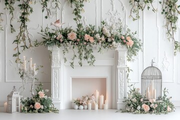 Elegant white fireplace adorned with lush floral garland, candles, and birdcage