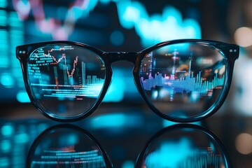 The glasses and their reflection, with stock market charts visible in the background. The person is focused intently on their computer screen, surrounded by various financial graphs and data points