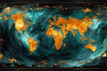 Artistic world map with vibrant orange continents and swirling teal-blue oceans on a dark background.