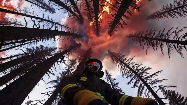 Firefighter facing a forest blaze with towering flames and smoke. Ideal for climate, emergency, or action visuals.