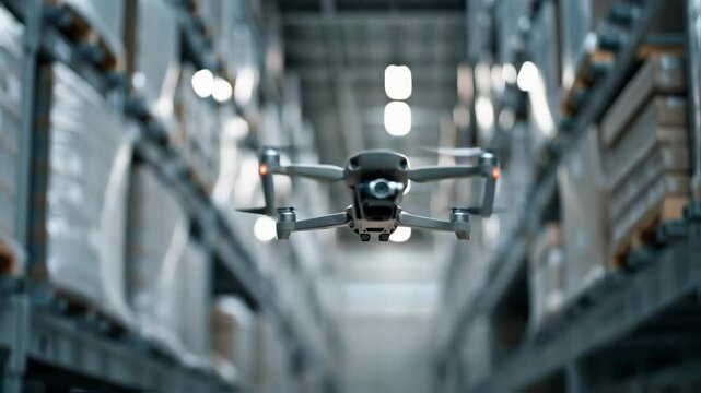 Side perspective of a drone approaching a high stack of boxes its camera focused on a label while other drones zip by in the expansive warehouse environment filled with stacked goods.