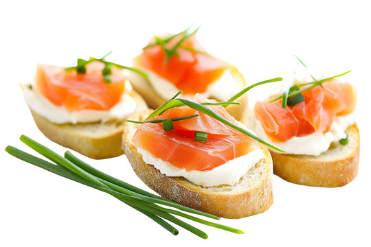 Elegant salmon canap&eacute;s on toasted baguette slices, garnished with chives
