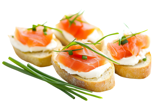 Elegant salmon canapés on toasted baguette slices, garnished with chives - Powered by Adobe