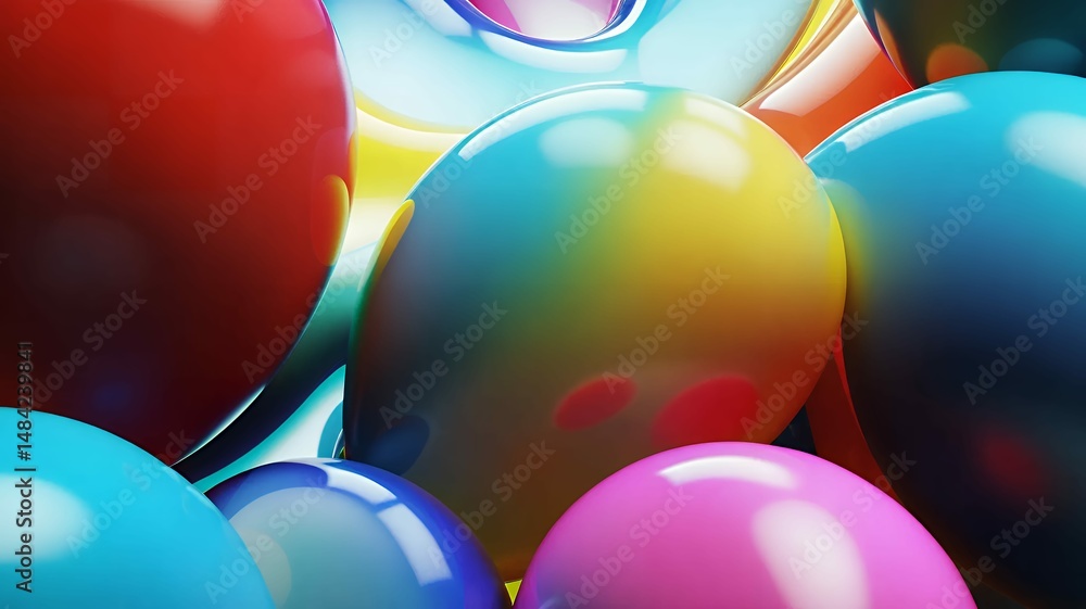Poster vibrant spheres cluster in a dynamic composition, showcasing a playful and glossy color palette.