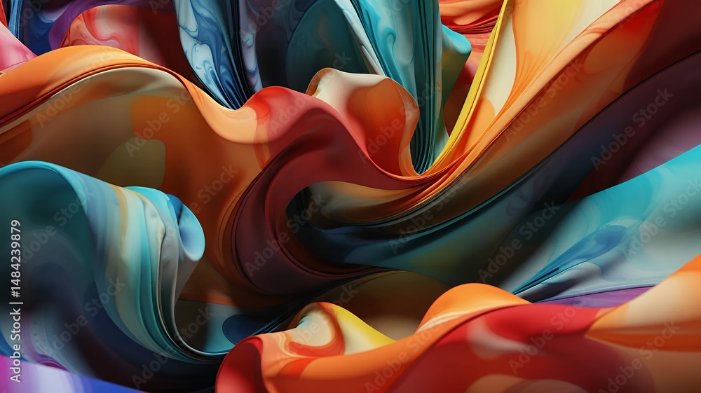 Poster abstract vibrant colored forms intertwine creating a dynamic and visually striking artwork piece.