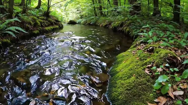 Shallow stream flowing through a lush green forest. Perfect for nature, hiking, or tranquility concepts.