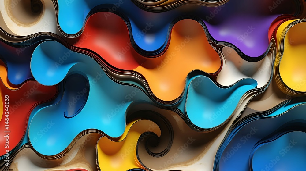 Poster Layered abstract forms are swathed in a dynamic array of vibrant, saturated colors and depth.