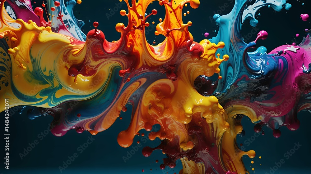 Poster dynamic splashes of vibrant acrylic paint collide in a mesmerizing display of color and texture.
