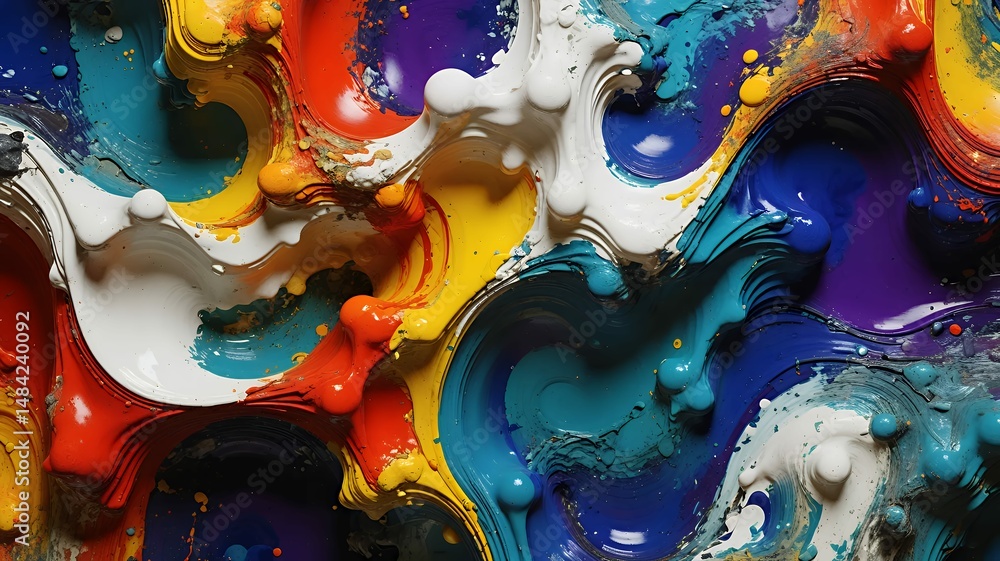 Poster colorful paint swirls in a dynamic abstract composition using bold textures and vibrant hues.