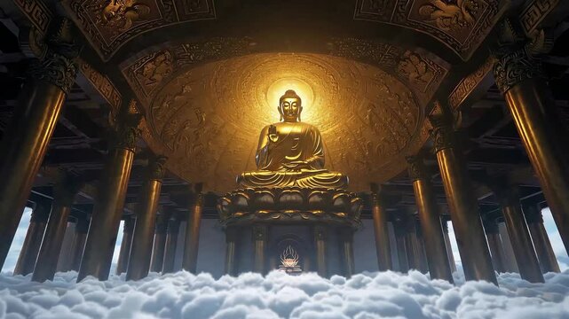 Golden Buddha statue in a majestic temple hall with glowing light. Ideal for spirituality, meditation, or travel visuals.