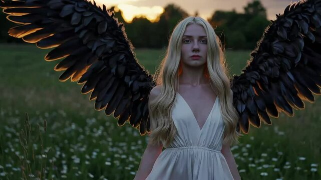 Fantasy angel woman with golden wings in a dramatic setting. Ideal for mythology, fantasy, or cinematic projects.