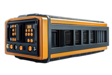 Orange and black speaker with orange buttons isolated on transparent background.