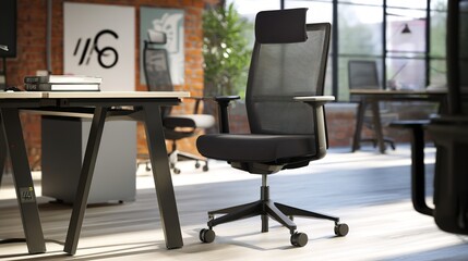 Modern workspace with ergonomic chair and abstract art, bathed in natural light. A blend of comfort and creativity in professional design.