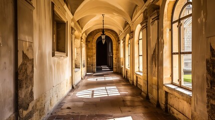 Long Corridor View with Arched Ceiling and Windows in Beige Tones Daylight