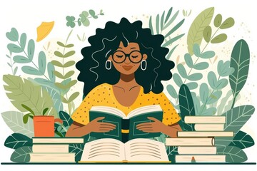 A woman with glasses reads surrounded by books and lush green plants, creating a peaceful and focused atmosphere.