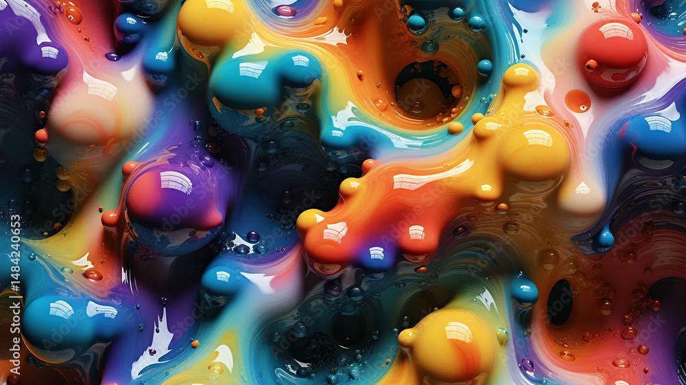 Poster abstract vibrant fluid art with multicolored glossy blobs and swirls in a dynamic composition.