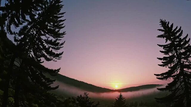 Scenic mountain forest during a peaceful purple sunset. Perfect for nature, travel, or mindfulness content.