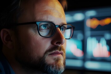 An adult man with glasses and a beard in front of multiple computer screens displaying graphs, set against the backdrop of his modern office space, he sank into deep thought while analyzing data
