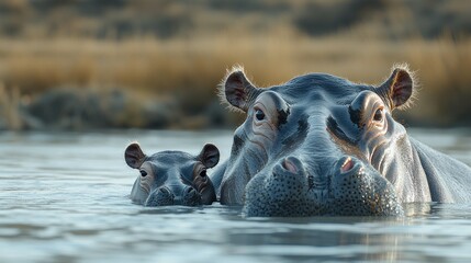 Fototapeta premium Hippopotamus mother and calf in water (1)